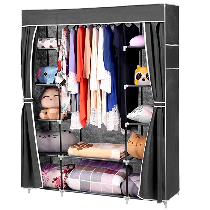 Wakrays Portable Clothes Closet Wardrobe Storage Organizer with Curtain and 12 Shelves