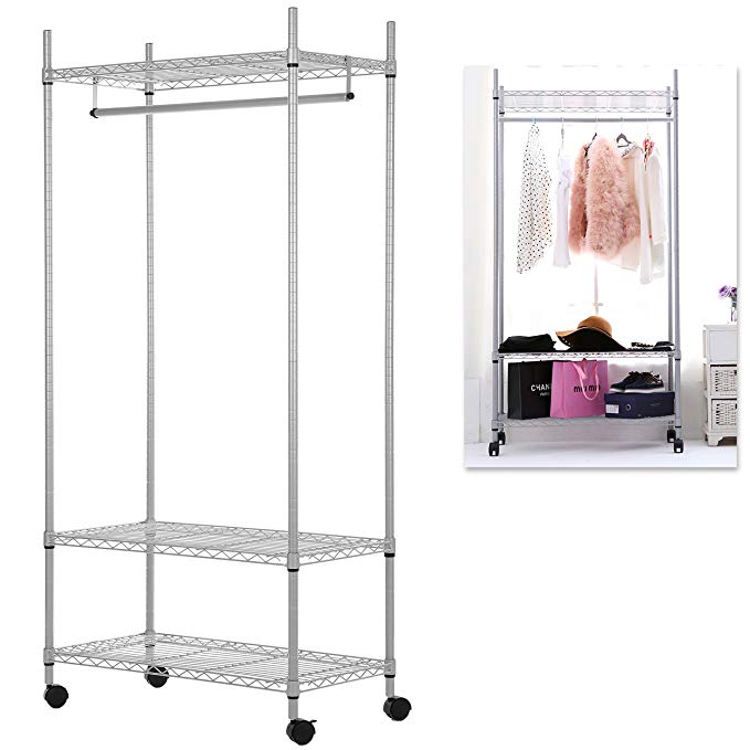 Deluxe Metal Rolling Adjustable Hanging Clothes Rack / Retail Garment Display Hang Rail w/ 3 Shelves