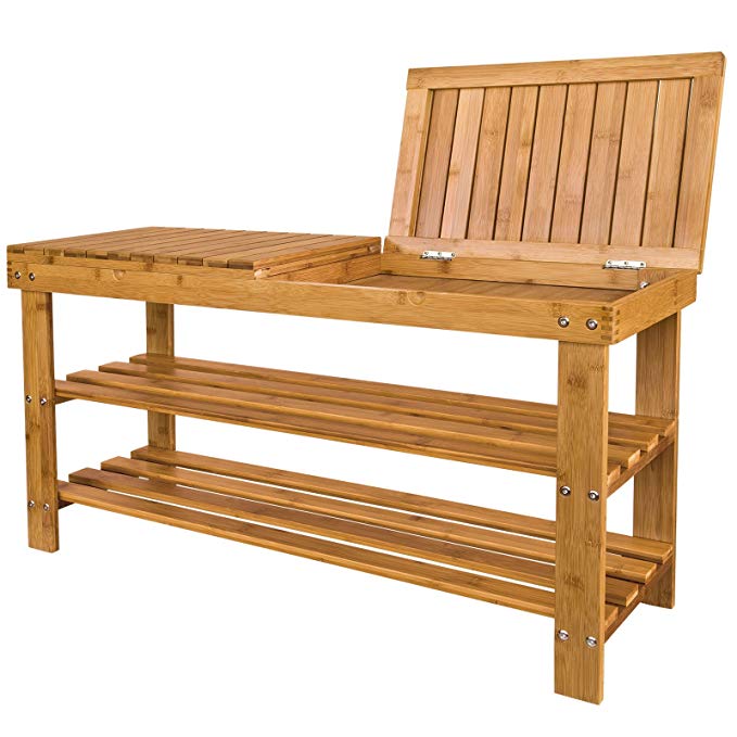 Haotian 100% Bamboo Shoe Rack, Bench, Display Racks, Seat with Sorage Draw On Top,Size: 90cm×29cm×45cm,FSR10-L-N