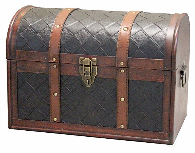 Wooden Leather Round Top Treasure Chest, Decorative storage Trunk with Lockable Latch