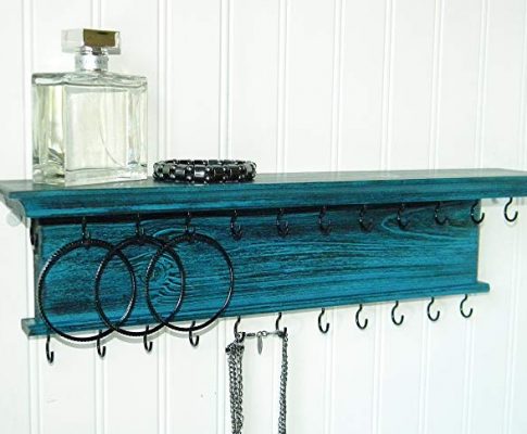 Jewelry Organizer Necklace Holder Wall Mounted Modern Rustic Distressed Teal Wood Review