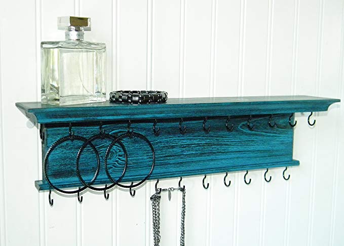 Jewelry Organizer Necklace Holder Wall Mounted Modern Rustic Distressed Teal Wood